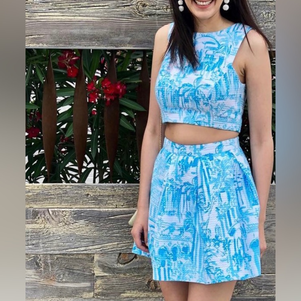 Blue Printed High-Waist Mini Skirt - Women's Two-Piece Set